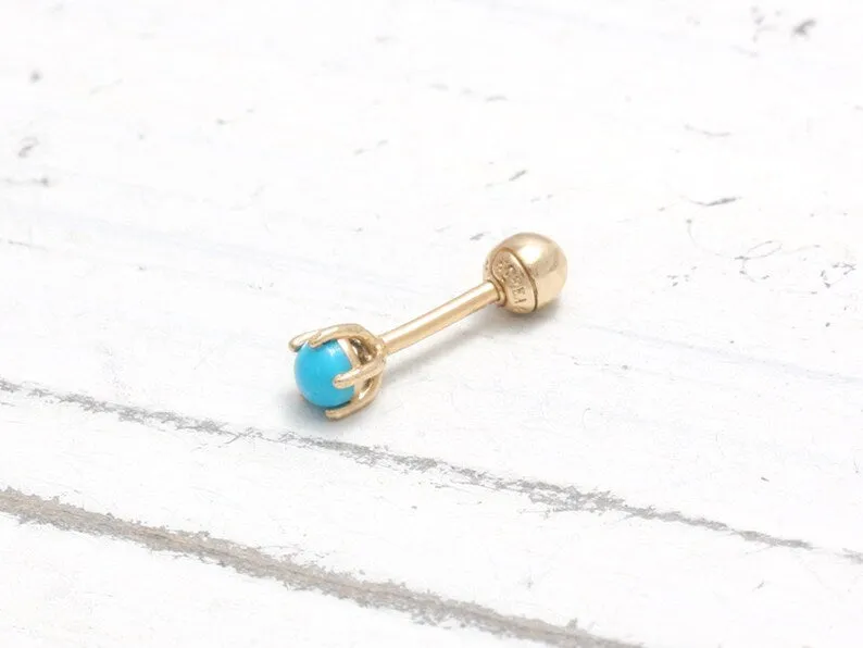 14K 18K Solid Gold 0.1ct Genuine Turquoise Prong Setting Cartilage Tragus Helix Piercing