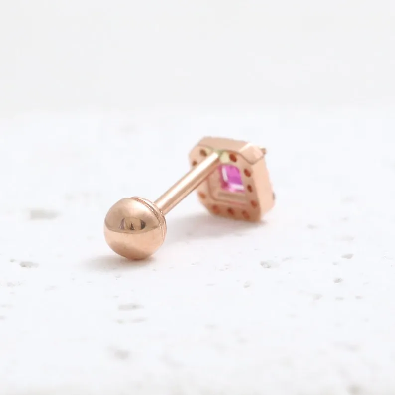 14K 18K Solid Gold Genuine Cognac Diamond and Natural Ruby Cartilage Helix Barbell Piercing