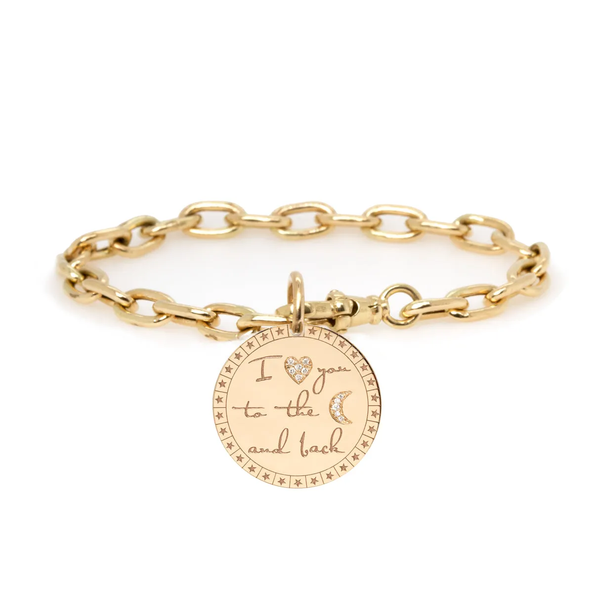 14k Large Pavé Diamond I love you to the moon & back Mantra XL Square Oval Chain Bracelet