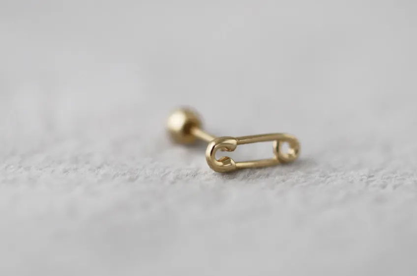 14K Solid Gold Minimalist Safety Pin Tragus Cartilage Helix Conch Earring Barbell Piercing Stud