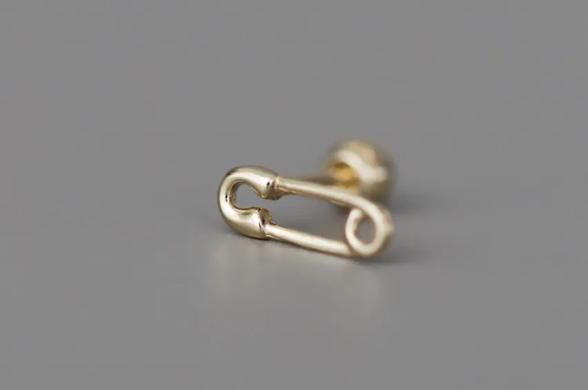 14K Solid Gold Minimalist Safety Pin Tragus Cartilage Helix Conch Earring Barbell Piercing Stud