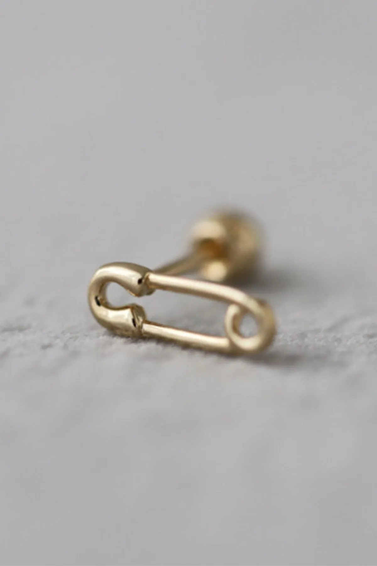 14K Solid Gold Minimalist Safety Pin Tragus Cartilage Helix Conch Earring Barbell Piercing Stud