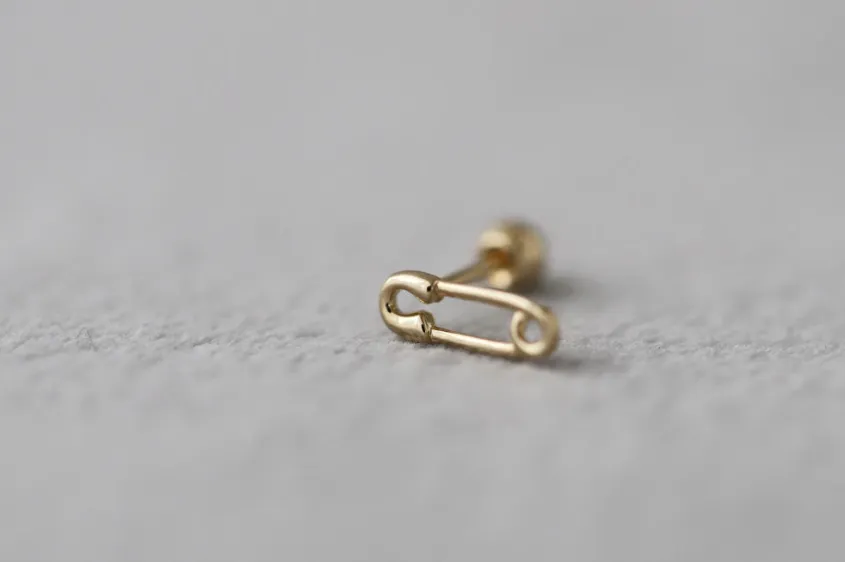 14K Solid Gold Minimalist Safety Pin Tragus Cartilage Helix Conch Earring Barbell Piercing Stud