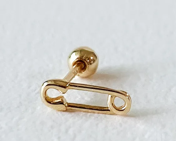 14K Solid Gold Minimalist Safety Pin Tragus Cartilage Helix Conch Earring Barbell Piercing Stud