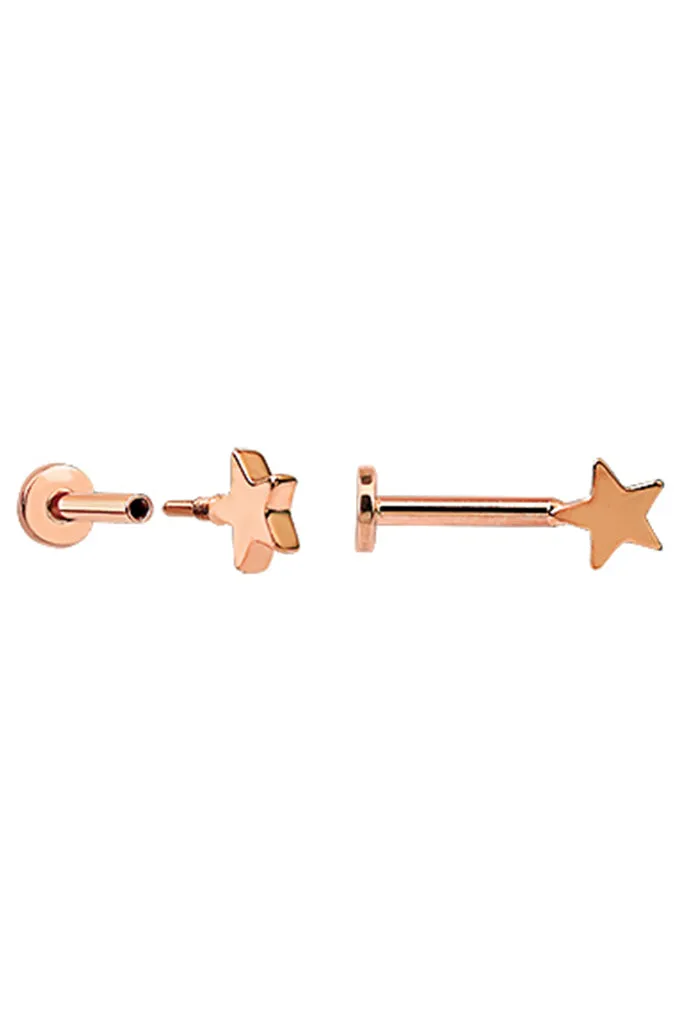 14k Solid Gold Star Tragus Helix Cartilage Internally Threaded Flat Back Earring Labret Stud