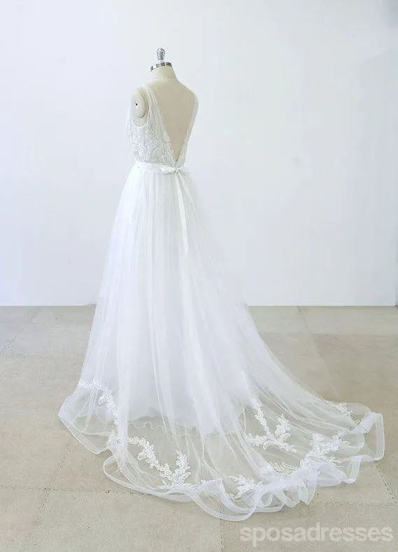 2018 Simple V Neck Lace Chapel Tail A-line White Wedding Dresses Online, WD372