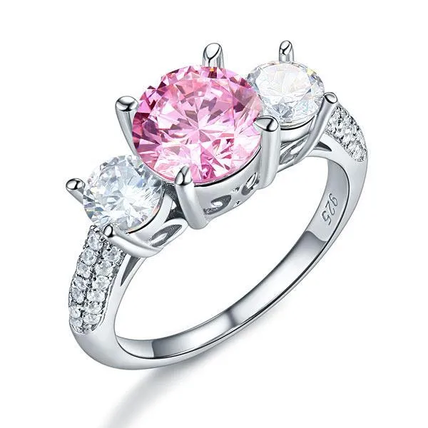 925 Sterling Silver 3-Stone Wedding Ring 2 Carat Fancy Pink Created Zirconia Jewelry Vintage Style MXFR8227