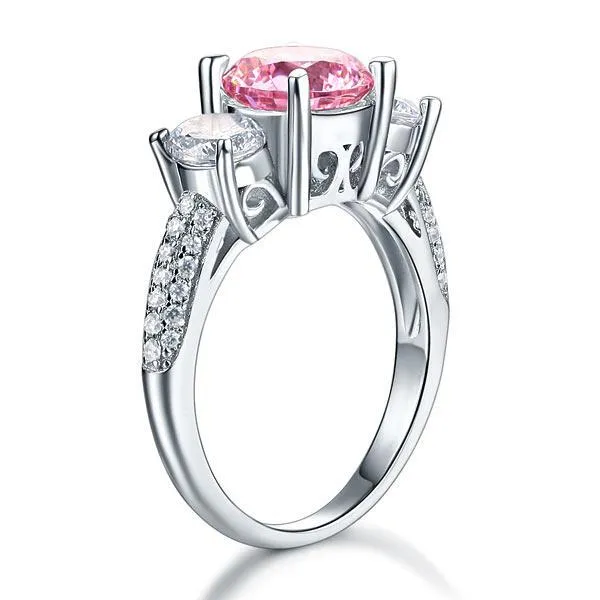 925 Sterling Silver 3-Stone Wedding Ring 2 Carat Fancy Pink Created Zirconia Jewelry Vintage Style MXFR8227