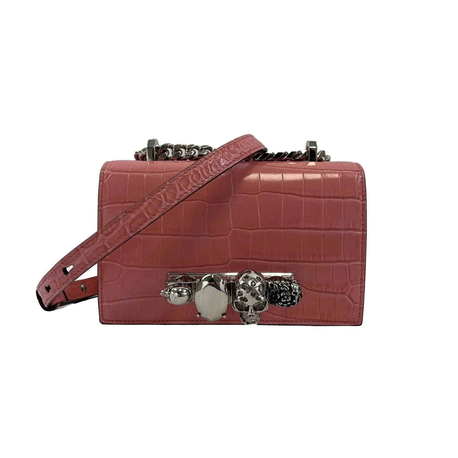 Alexander McQueen Jeweled 4-ring Crystals Mini Mock-Croc Satchel Pink Crossbody