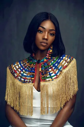 Ashanti Gold Fringe Ankara Cape