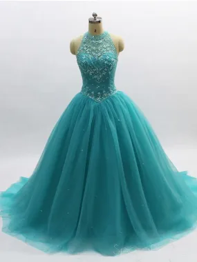 Ball Gown Turquoise Halter Beaded A-line Long Evening Prom Dresses, Cheap Sweet 16 Dresses, 18356