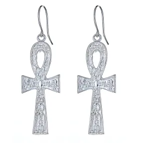 Better Jewelry Solid .925 Sterling Silver Etched Ankh Cross Earrings (Made in USA)