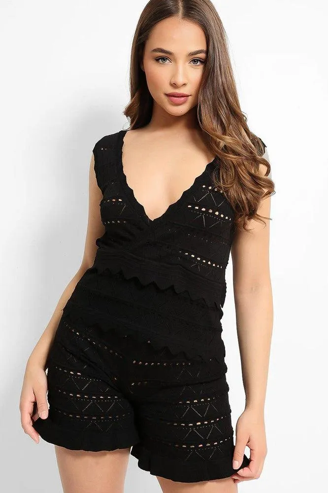 Black Perforated Knit Sleeveless Top Shorts Set