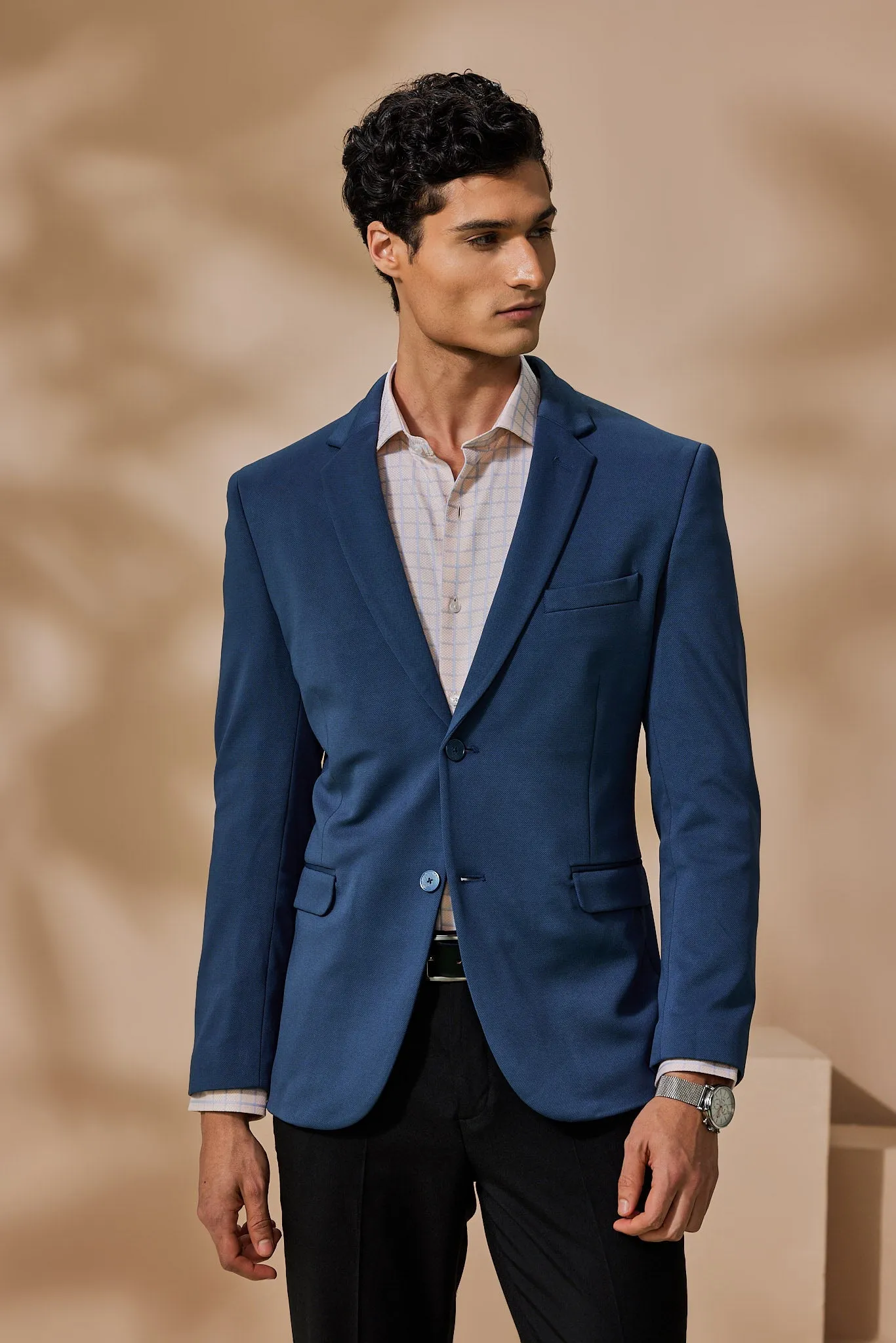 Blue 4-Way Stretch Textured Blazer