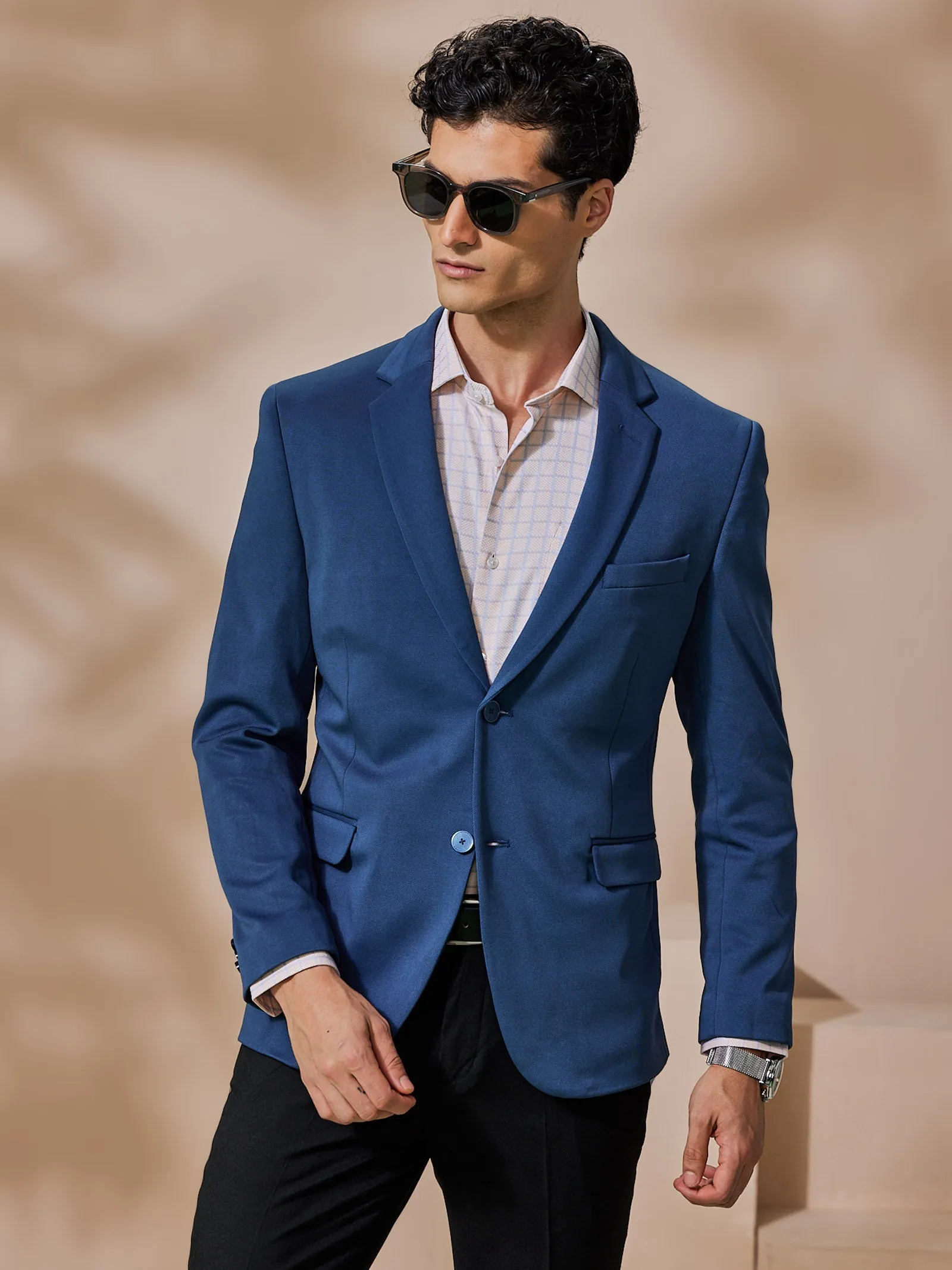 Blue 4-Way Stretch Textured Blazer