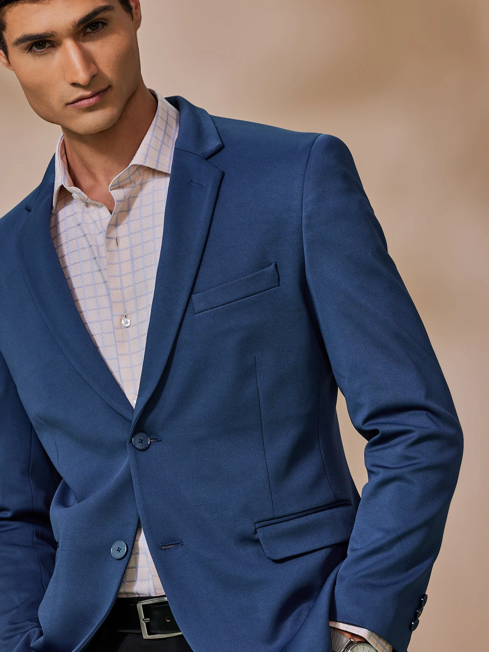 Blue 4-Way Stretch Textured Blazer