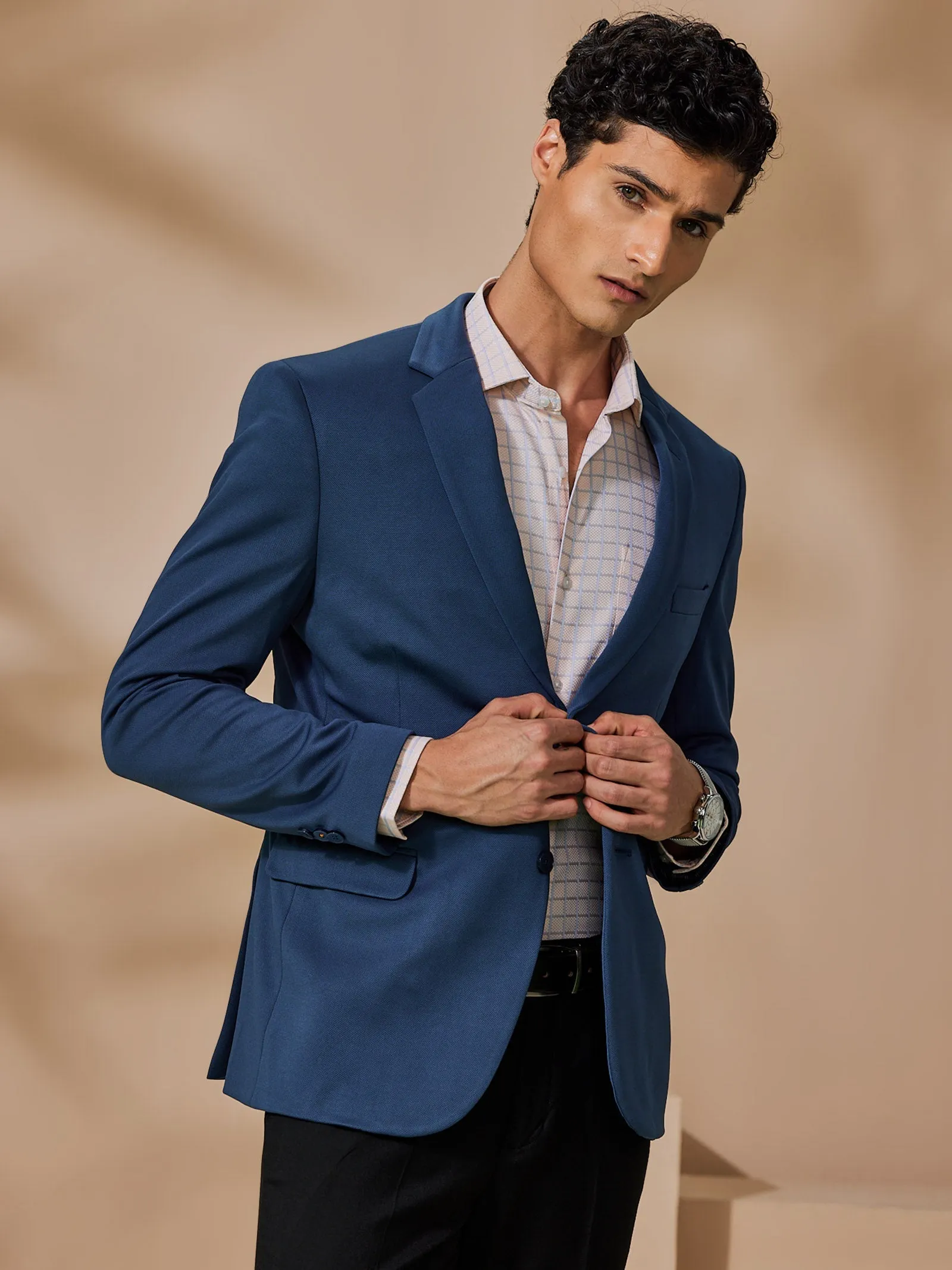 Blue 4-Way Stretch Textured Blazer