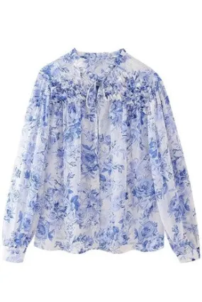 BLUE AND WHITE FLORAL PRINT LONG SLEEVE RUFFLE BLOUSE