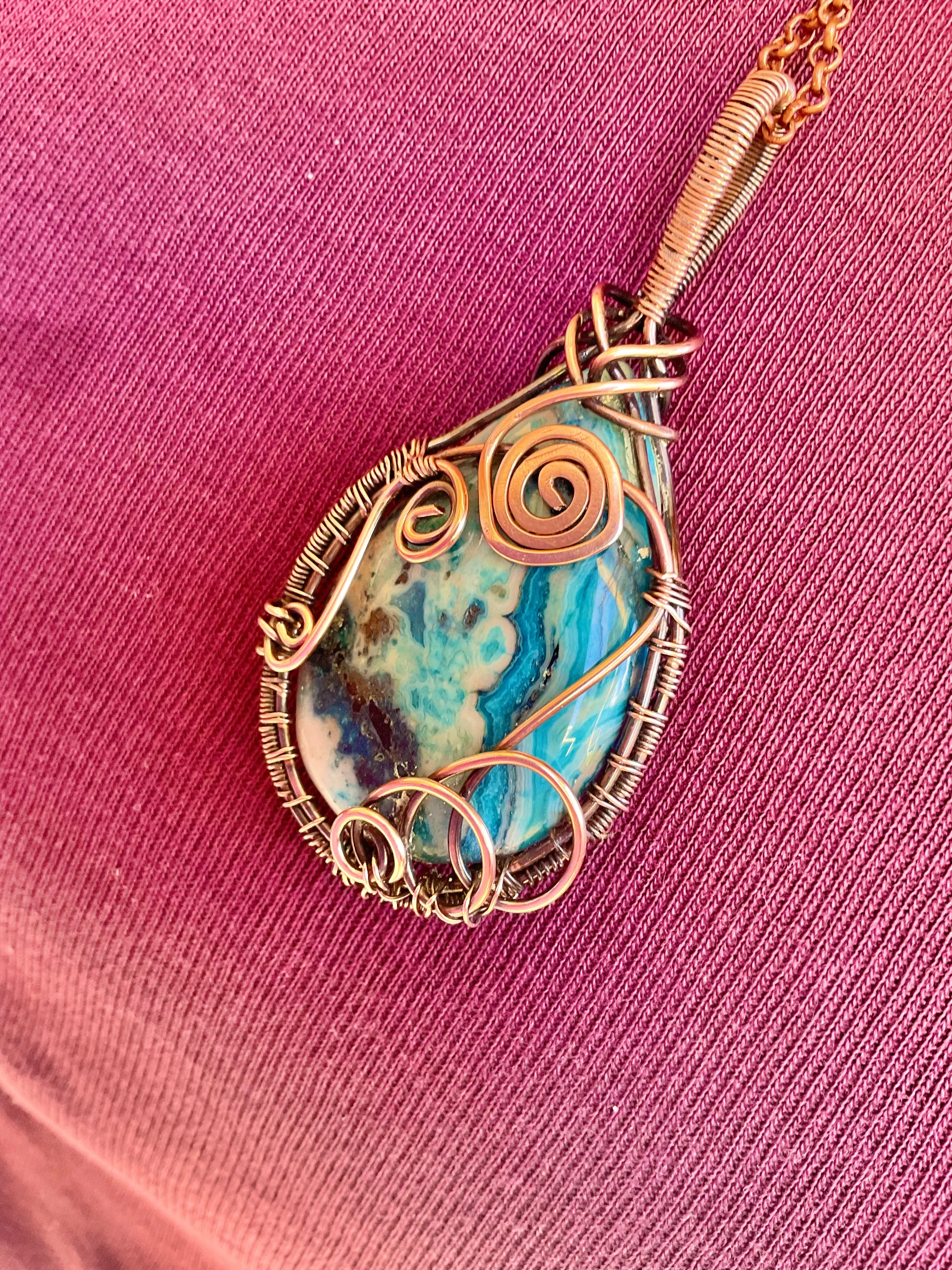 Blue Crazy Lace Agate Wire Wrapped Pendant