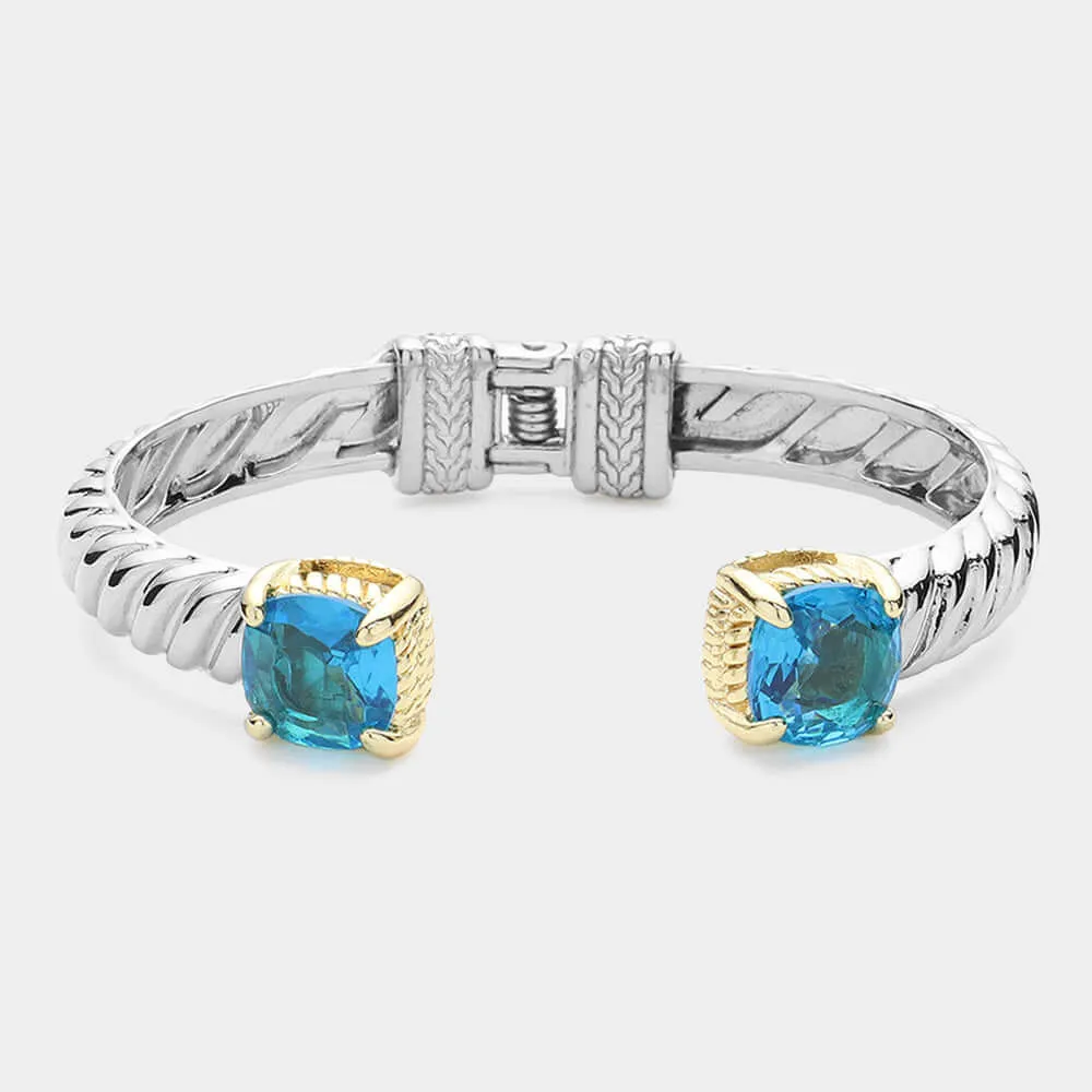 Blue CZ Square Two Tone Twisted Metal Cuff Bracelet