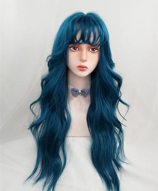 Blue green long curly wig KF82138