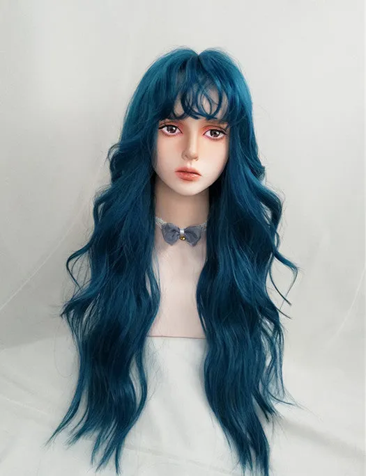 Blue green long curly wig KF82138