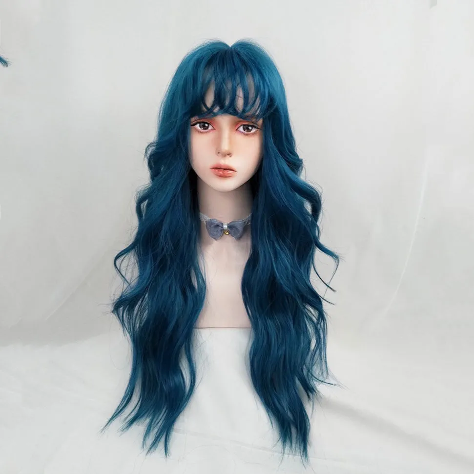 Blue green long curly wig KF82138