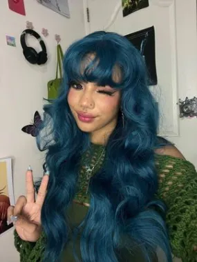 Blue green long curly wig KF82138