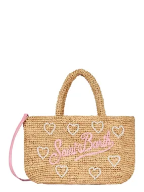 Borsa midi Beach in rafia decorata con pochette in cotone