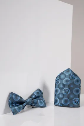 BUBBLES - Sky Teal Bubble Circle Print Bow Tie and Pocket Square Set