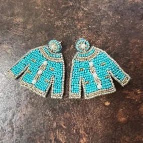 Cardigan Sweater Beaded Earrings Teal Blue/Gold