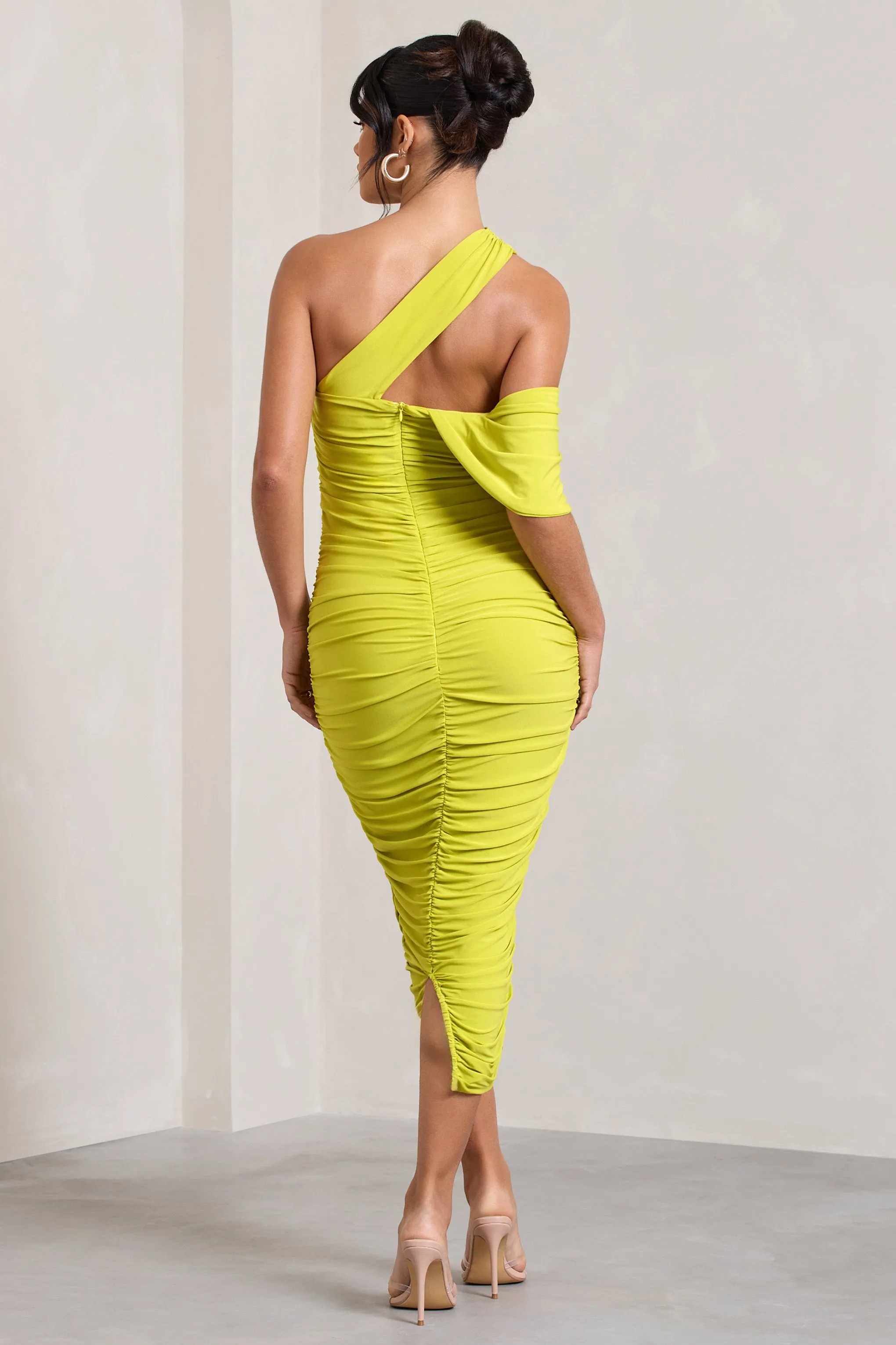 Cici | Lime Green Asymmetric One Shoulder Ruched Midi Dress