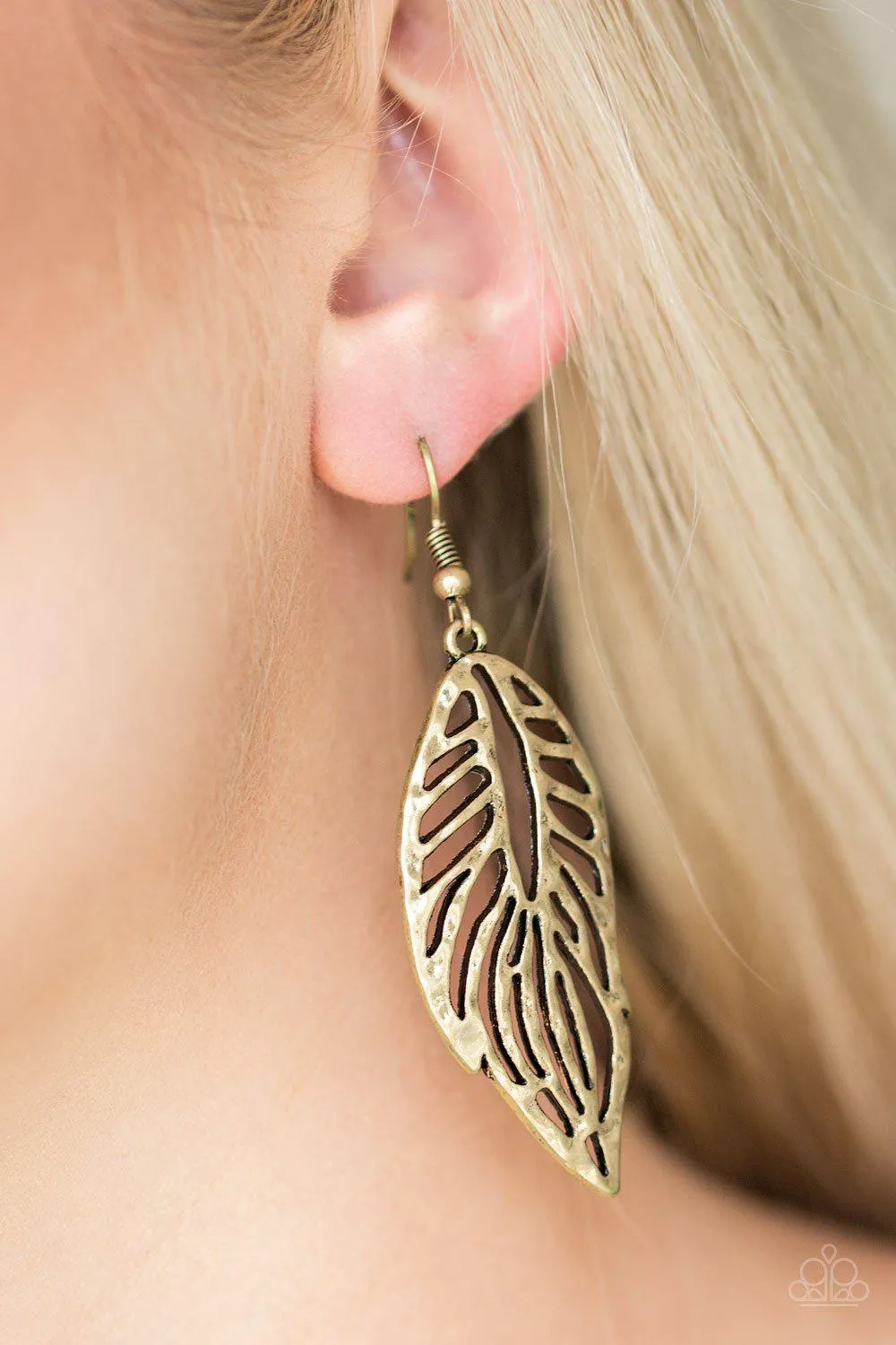 Come Home To Roost Brass Feather Earrings - Paparazzi Accessories