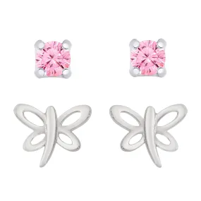 Dragonfly and Pink CZ Stud Set in Sterling Silver