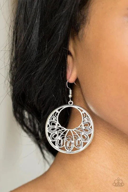 Fancy That White Rhinestone and Filigree Earrings - Paparazzi Accessories