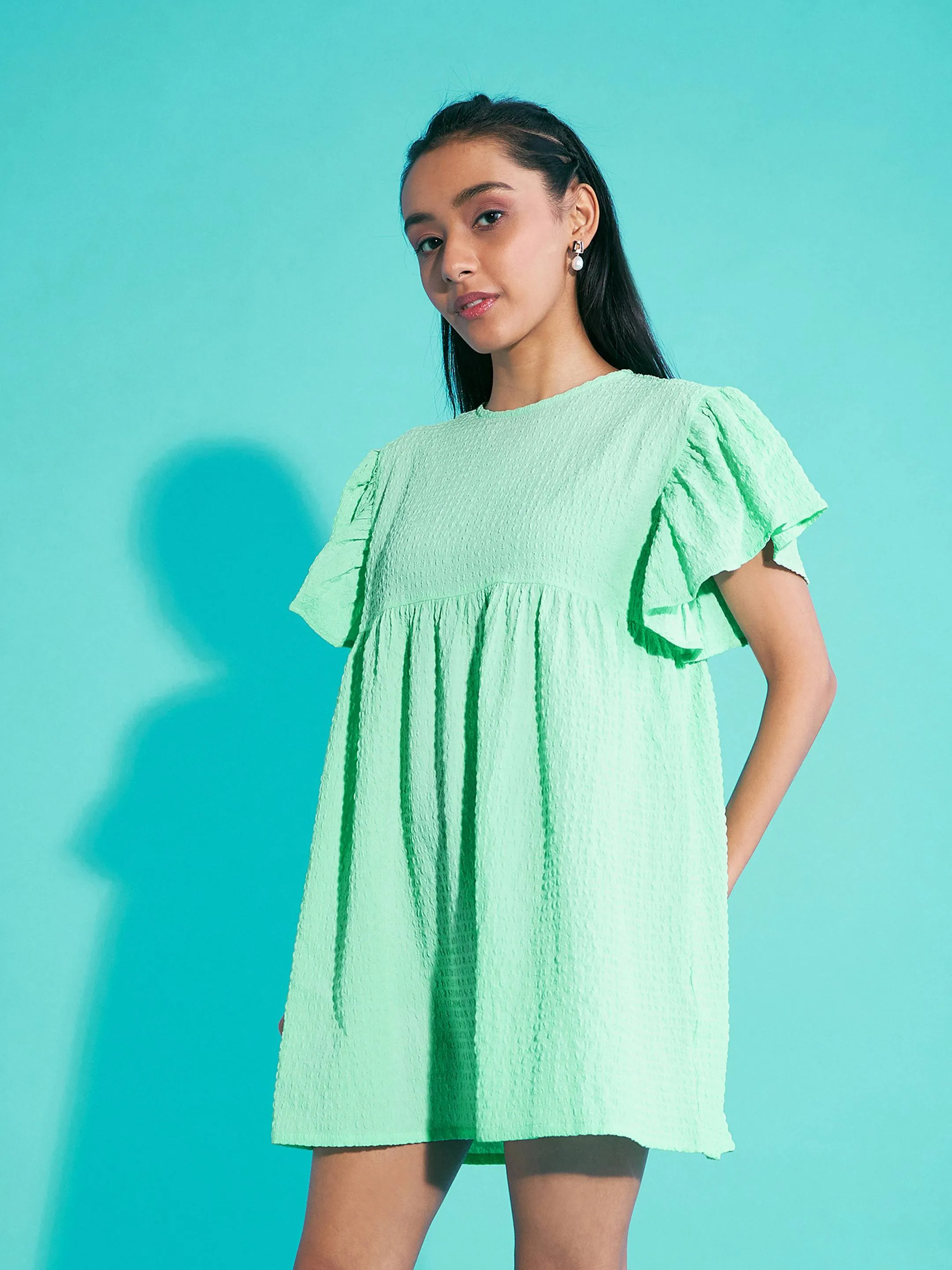 Girls Green Seer Sucker Boxy Dress