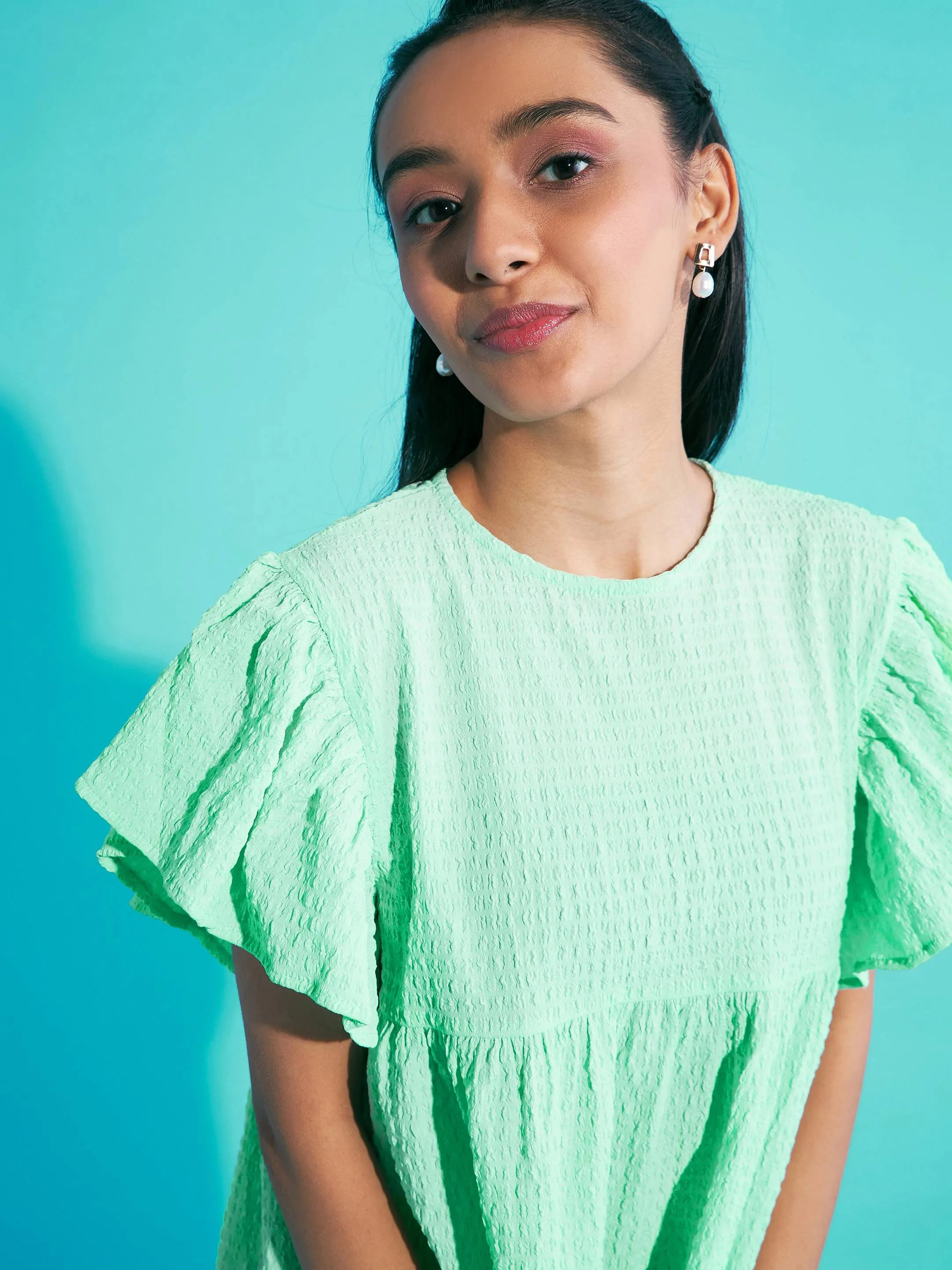 Girls Green Seer Sucker Boxy Dress