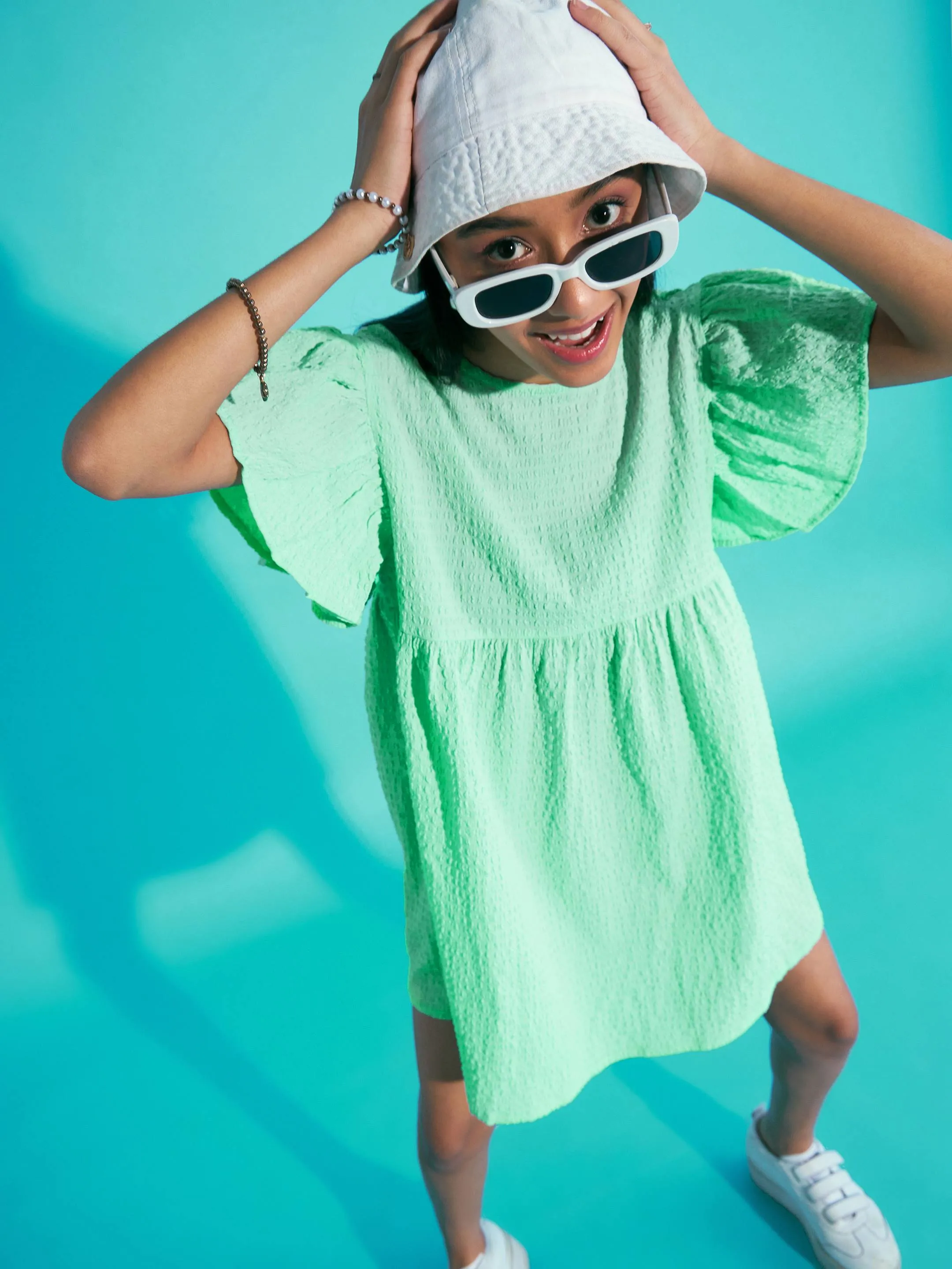 Girls Green Seer Sucker Boxy Dress