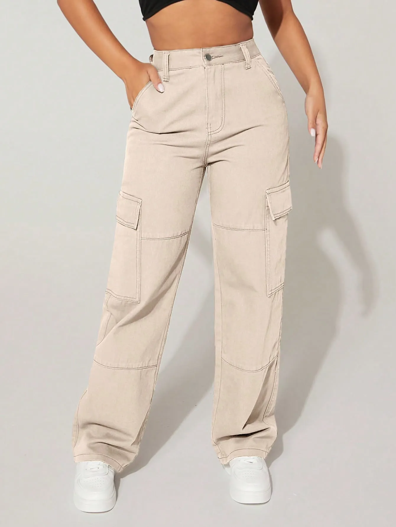 High Waist Flap Pocket Cargo Jeans