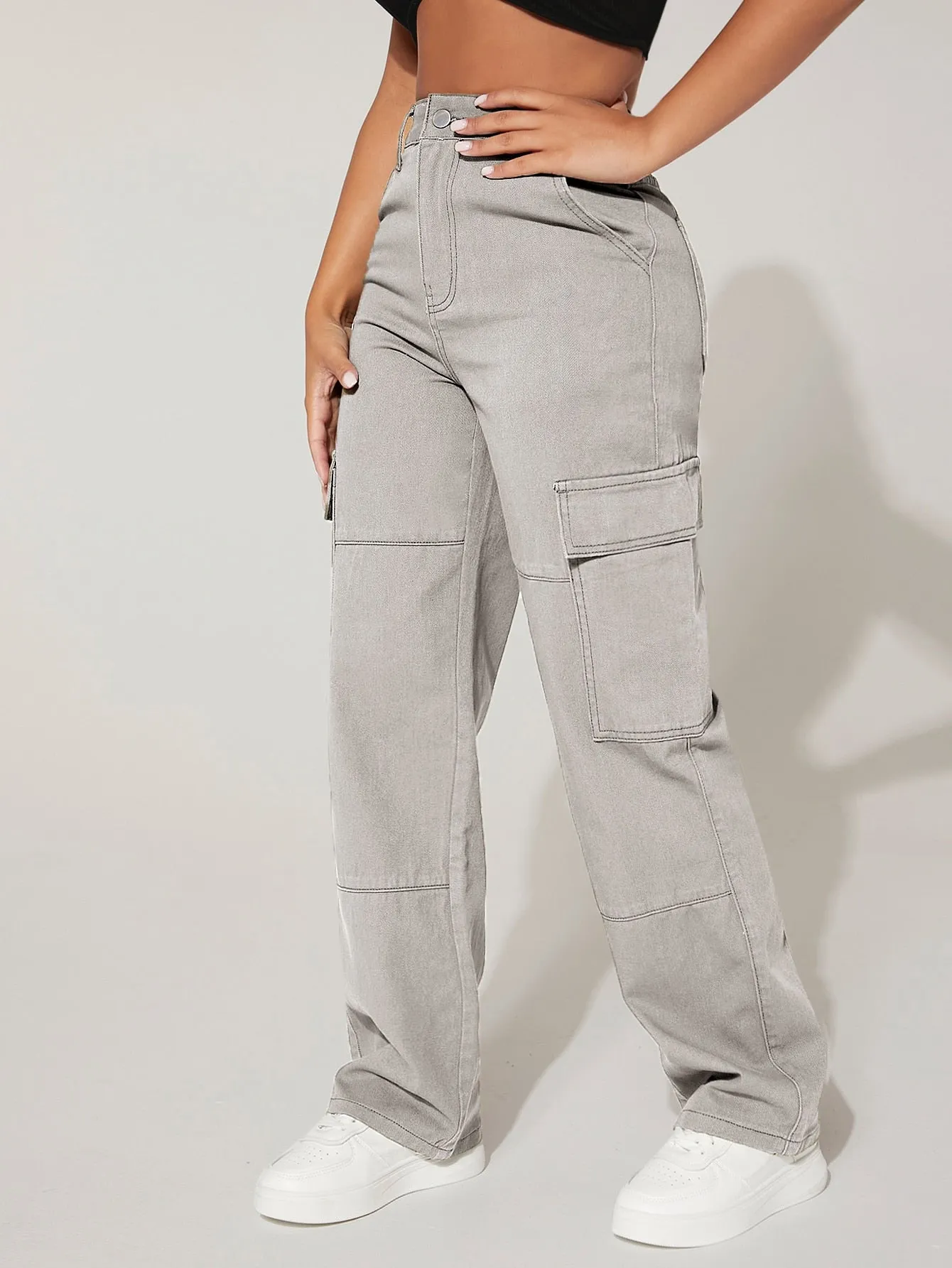 High Waist Flap Pocket Cargo Jeans