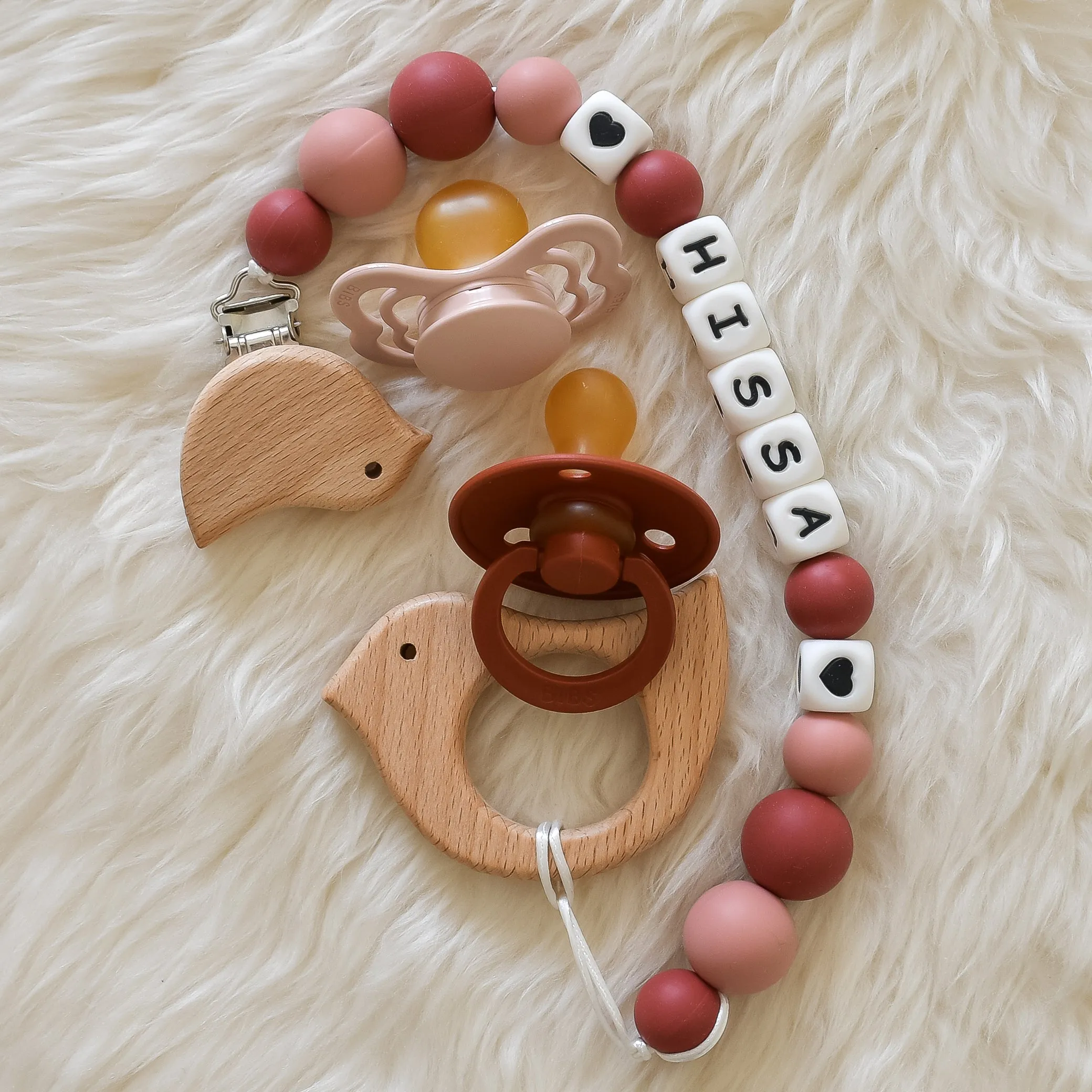 Love Bird Personalised Silicone Pacifier Clip Set