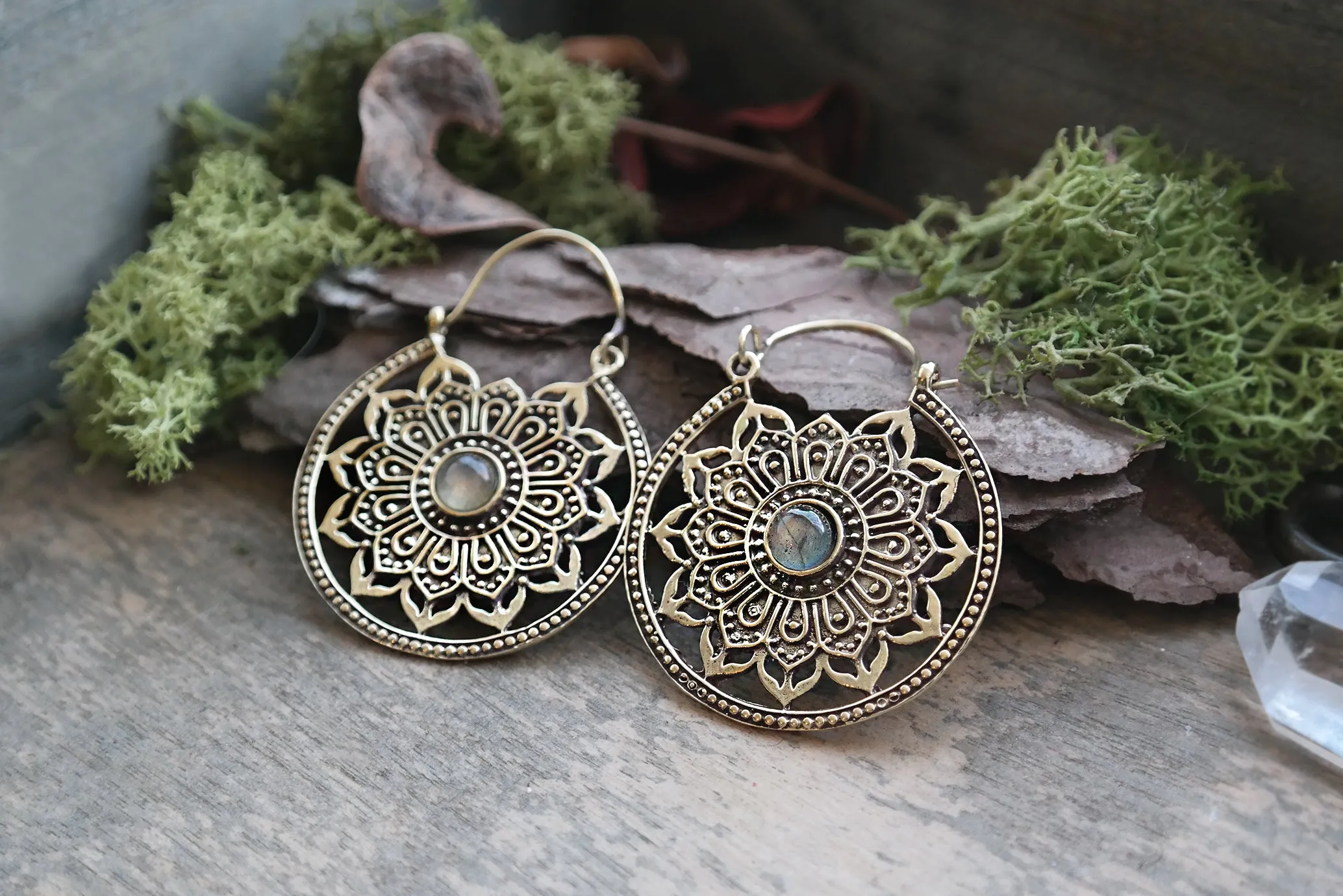 Mandala Labradorite Brass Hoops