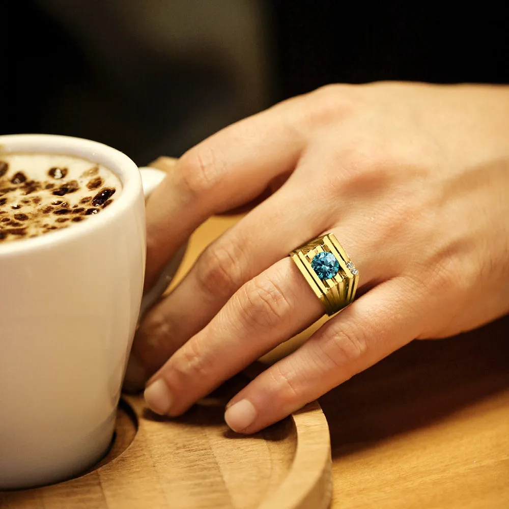 Mens Ring REAL Solid 14K YELLOW GOLD with Blue Topaz and GENUINE DIAMONDS all sz