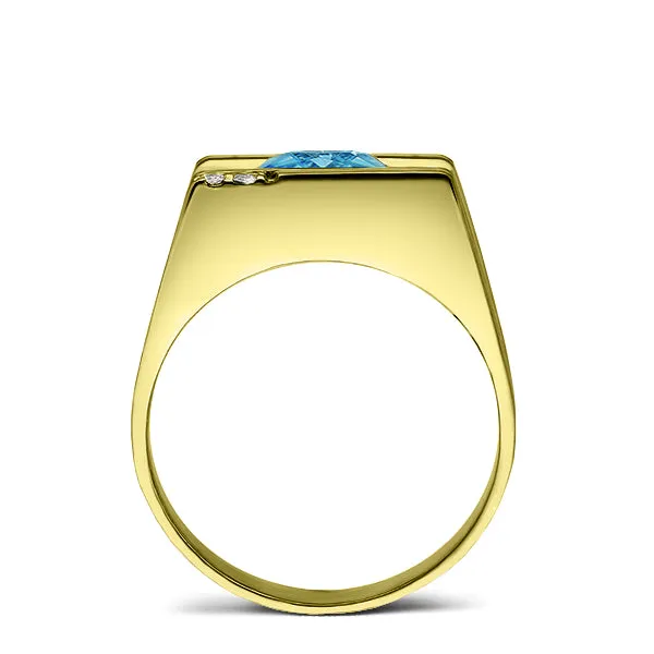 Mens Ring REAL Solid 14K YELLOW GOLD with Blue Topaz and GENUINE DIAMONDS all sz