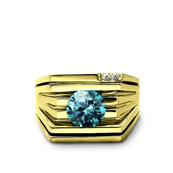 Mens Ring REAL Solid 14K YELLOW GOLD with Blue Topaz and GENUINE DIAMONDS all sz