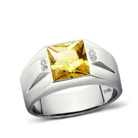 New Solid 14K White Gold Citrine Mens Ring 0.08ct Natural Diamonds Ring for Men