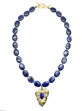 Oval Lapis With Leaf Pendant Necklace KN016