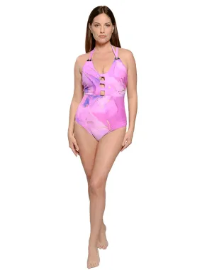 Plunge neckline with grommets one piece swim suit