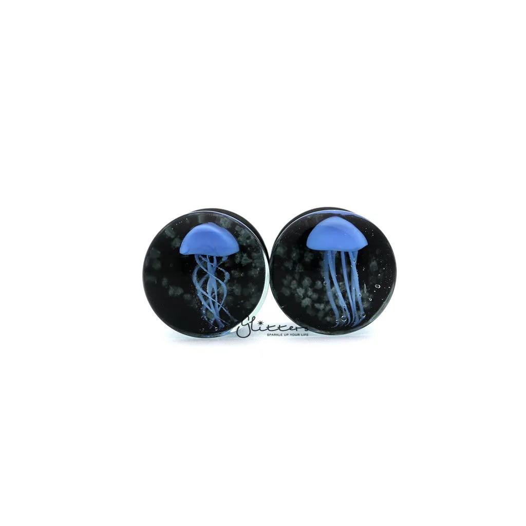 Pyrex Glass Jellyfish Double Flare Black Back with Sparkles Background Tunnel Plugs