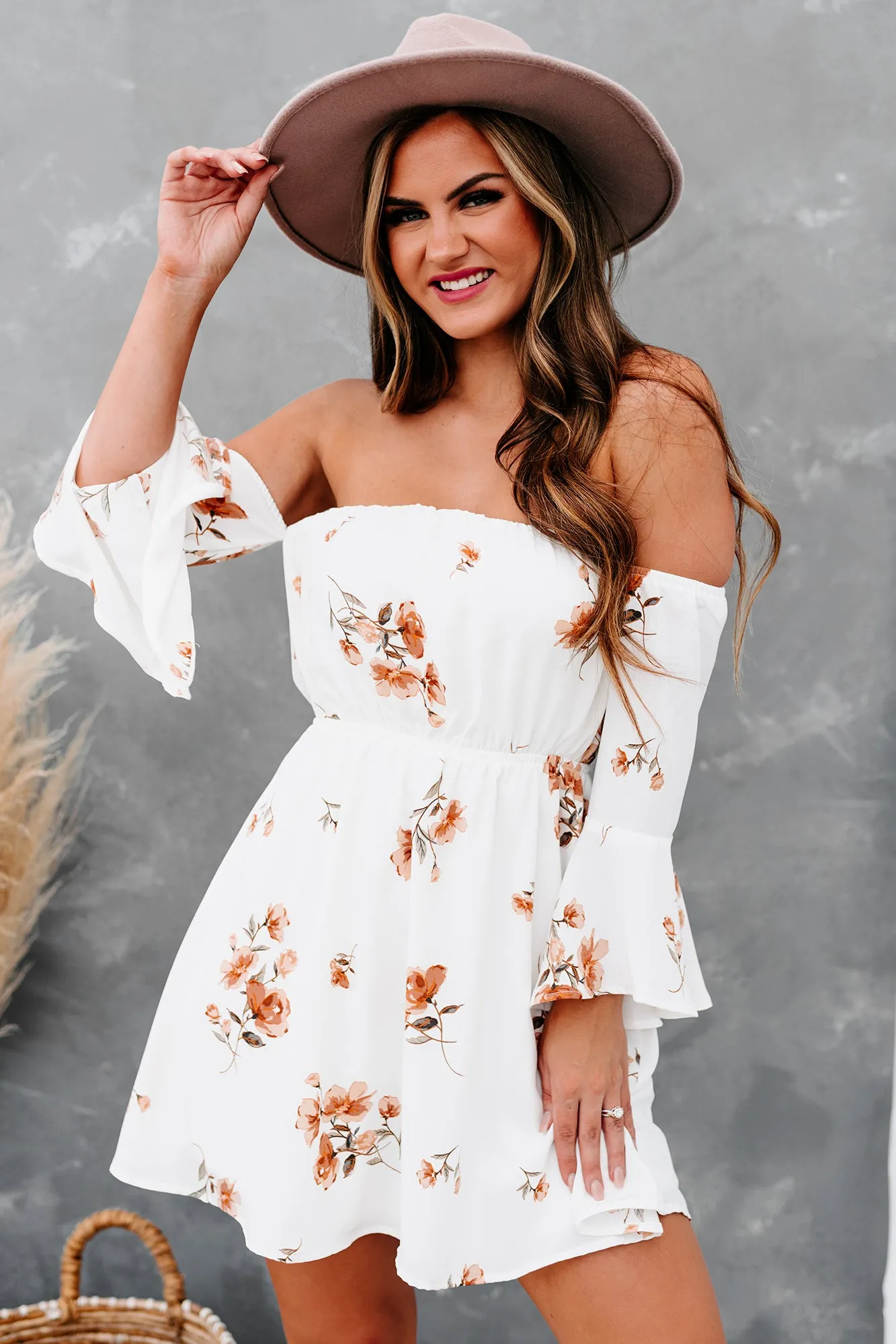 "Hope Is A Heartache" Floral Off The Shoulder Dress (Ivory/Peach)